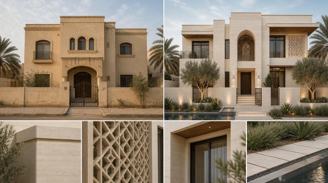 Illustrative villa façade direction showing an existing exterior and a refined Omani contemporary transformation.