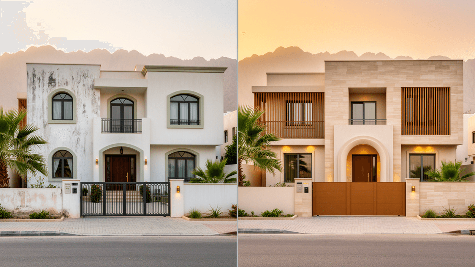 Illustrative AI visual of a Muscat villa façade before and after an Omani contemporary renovation concept.