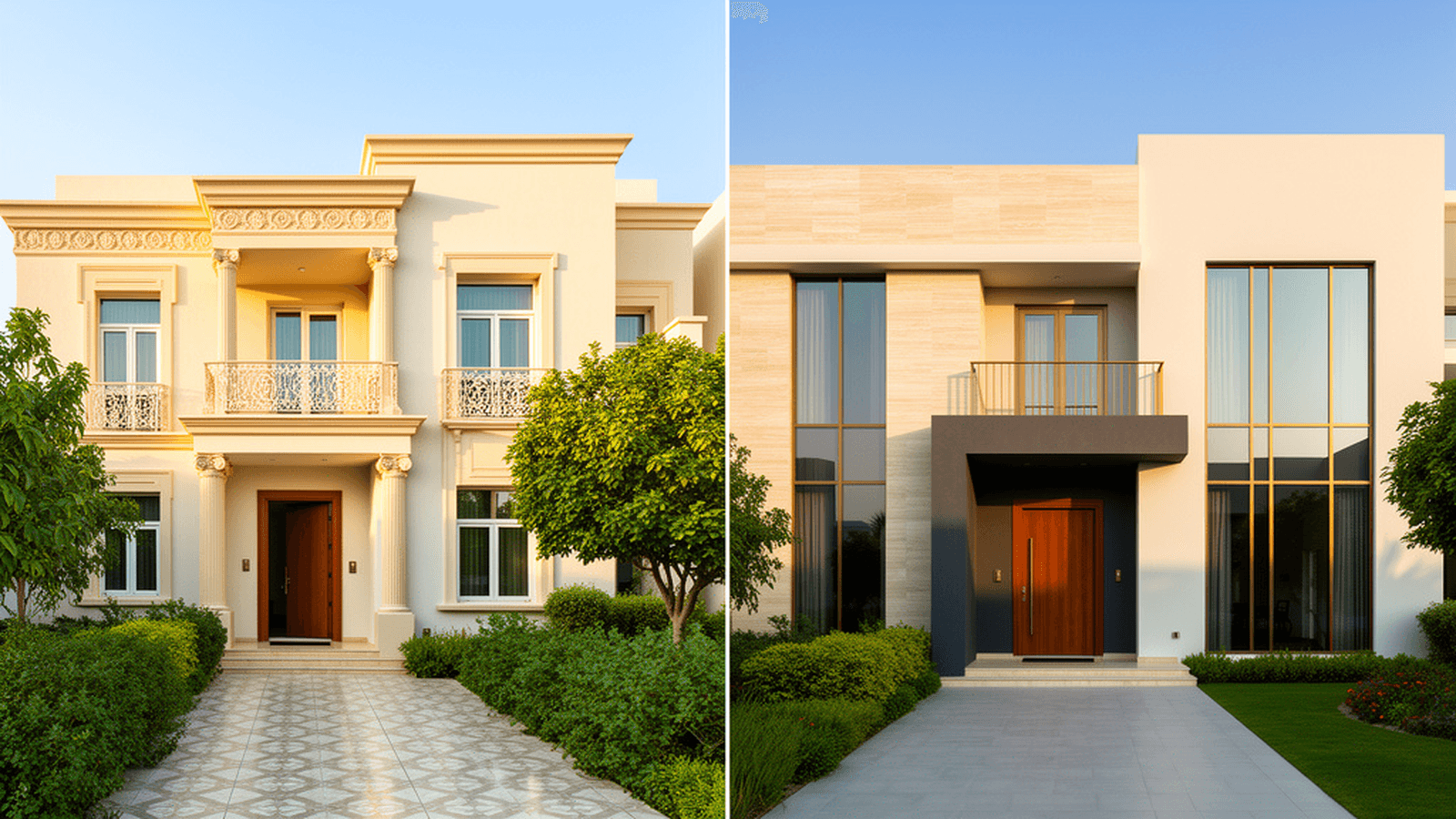 Illustrative AI visual of a Dubai compound villa before and after a restrained modern-luxury renovation concept.