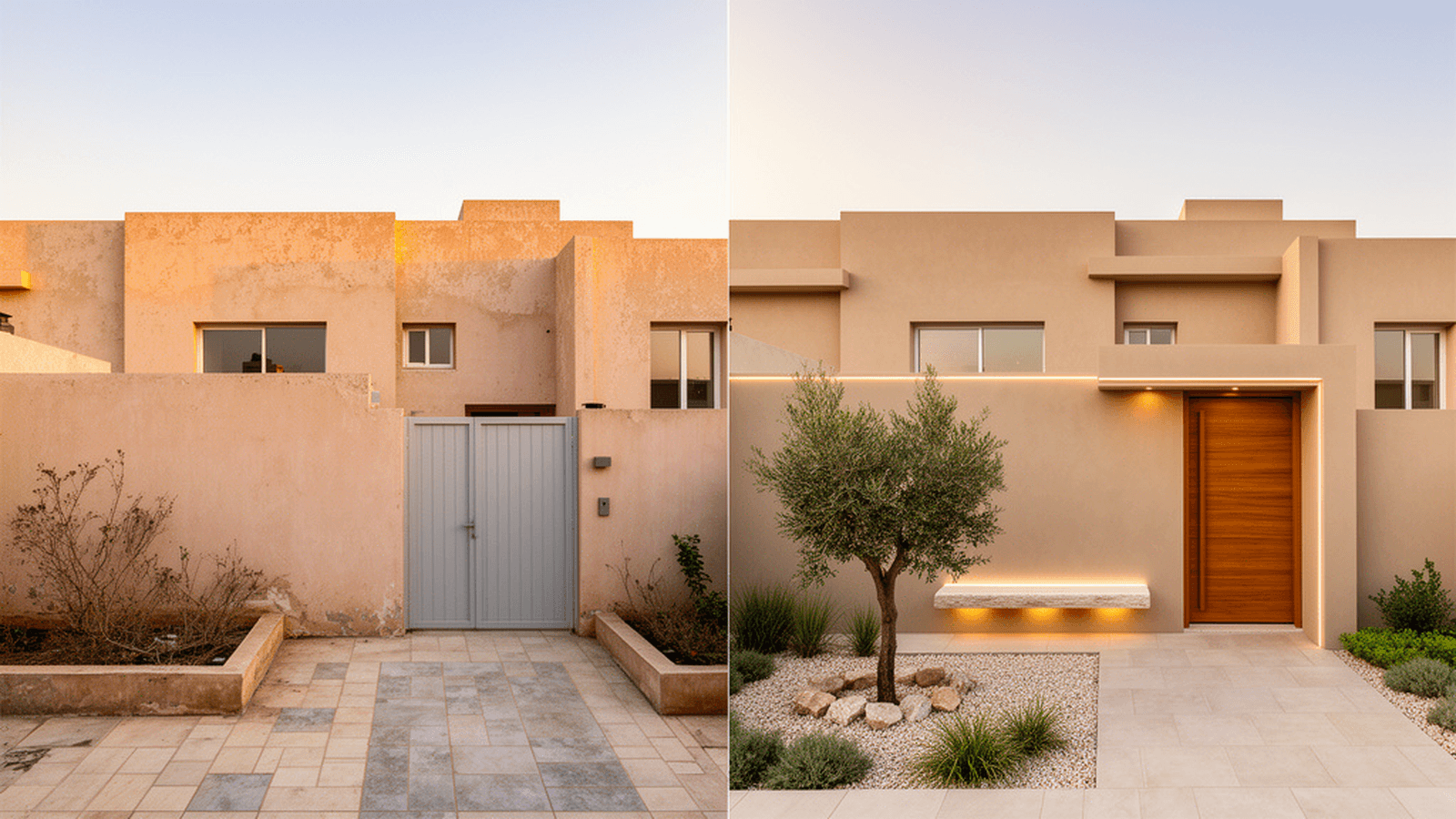 Illustrative AI visual of a Riyadh courtyard villa before and after a warm sand-minimal renovation concept.