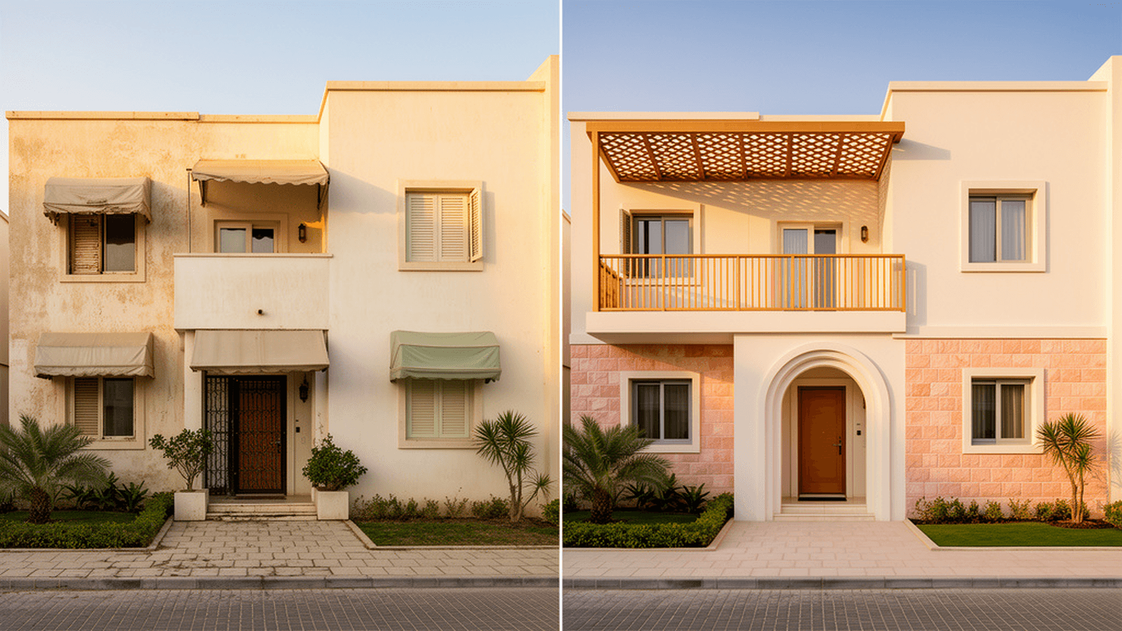 Illustrative AI visual of a Jeddah townhouse frontage before and after a contemporary coastal renovation concept.